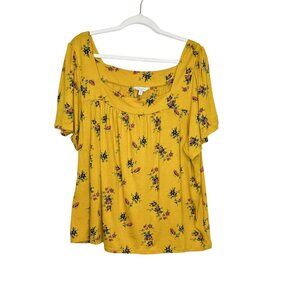 Lucky Brand Shirt XXL Yellow Floral Short Sleeve Boho Top Size Extra Extra Large